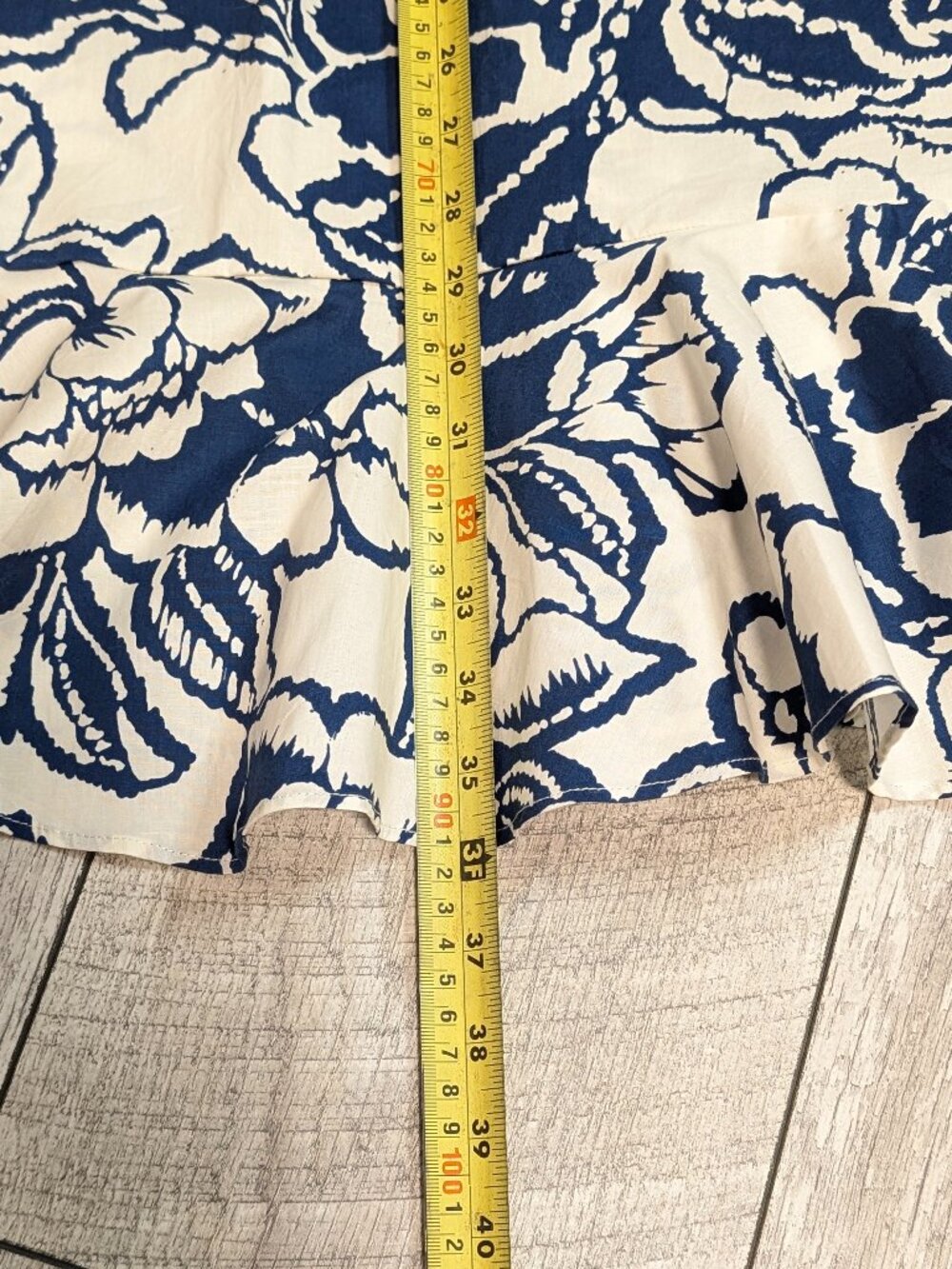 Floral Popover Shift Midi Dress Blue Ivory M Ruffle Hem Rachel Zoe Coastal NWOT - Picture 12 of 12